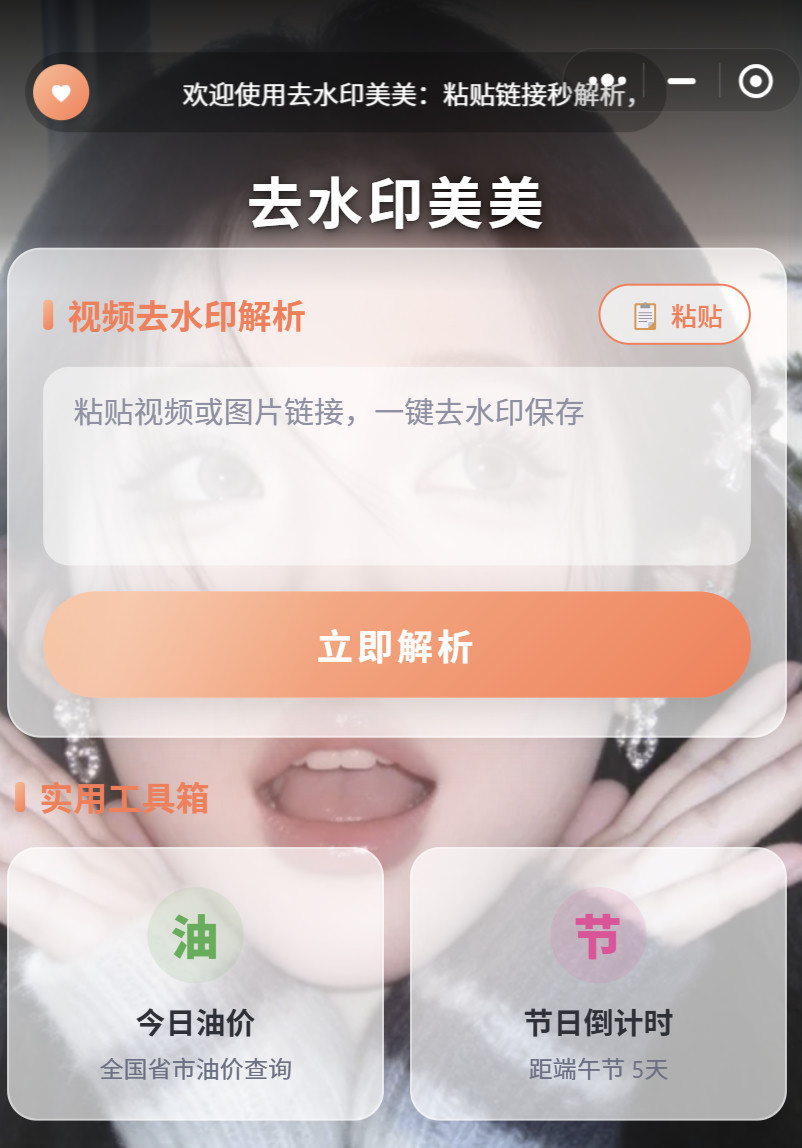 去水印美美小程序界面 - 粘贴链接一键去水印